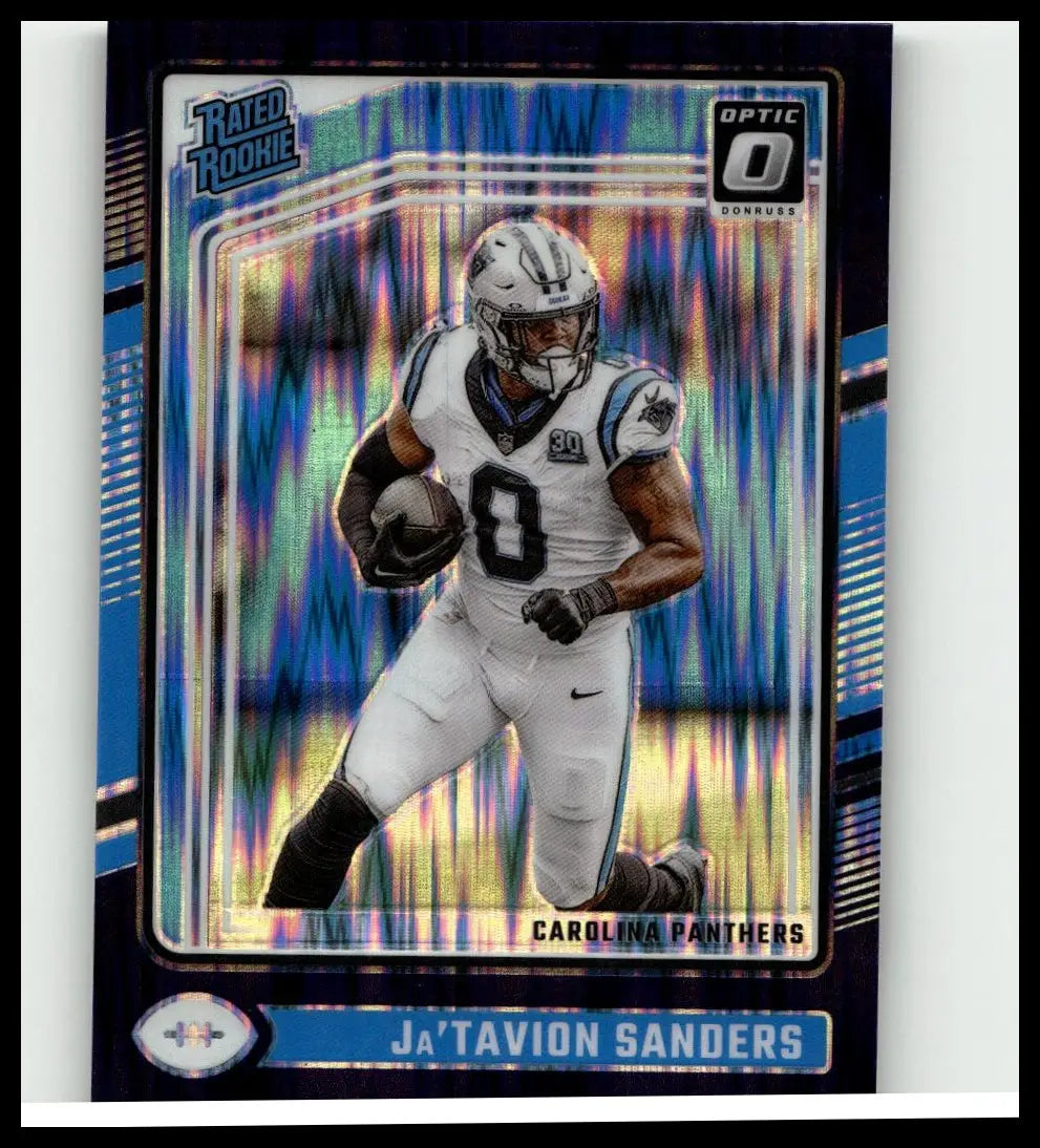 2024 donruss optic sanders purple shock rookie football card featuring ja’tavion sanders in panthers uniform