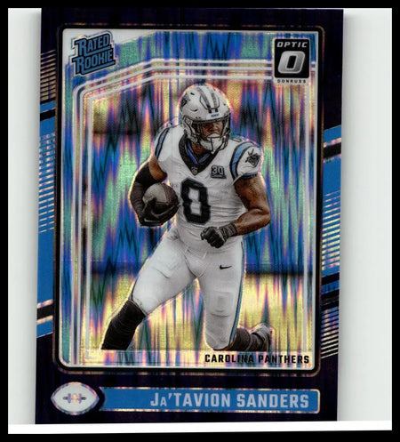 2024 donruss optic sanders purple shock rookie football card featuring ja’tavion sanders in panthers uniform