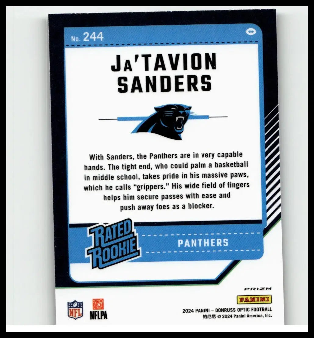 Blue and black donruss optic football trading card featuring ja’tavion sanders with carolina panthers logo purple shock