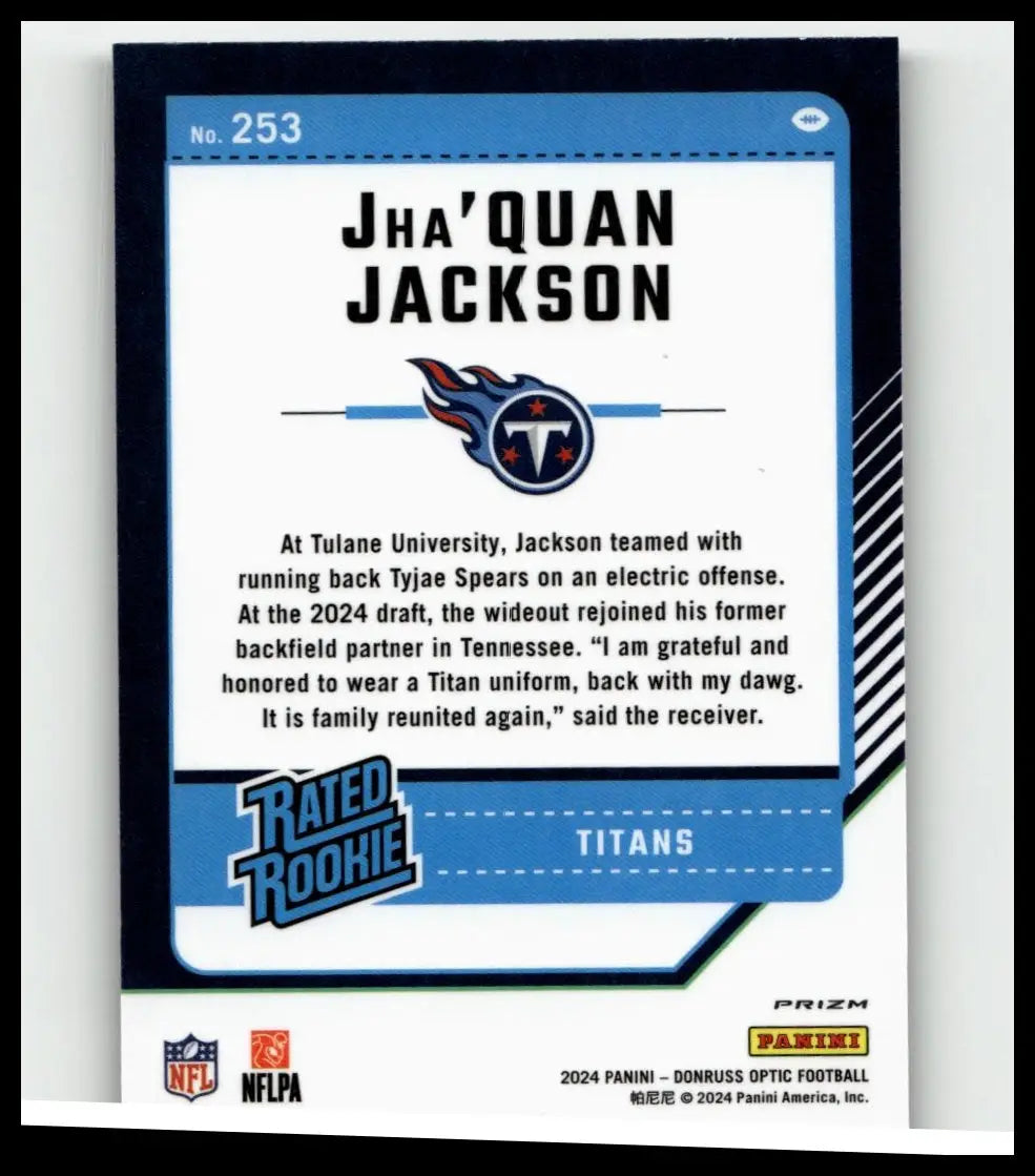 Blue and white donruss optic football trading card featuring rookie jha’quan jackson jackson holo design