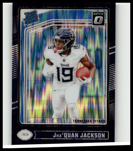 2024 donruss optic #253 jhaquan jackson rookie card with holographic background in titans white uniform jackson rocket