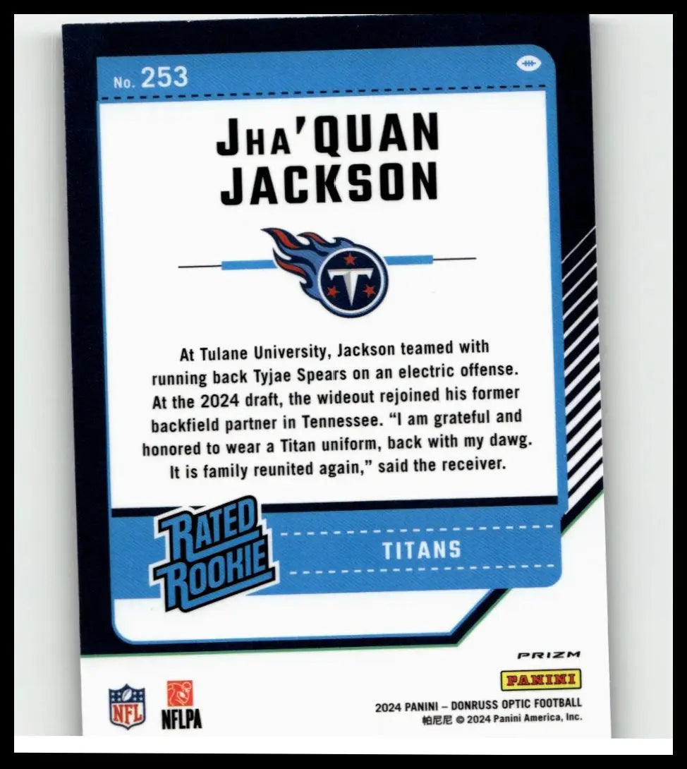 Blue and white donruss optic 2024 rated rookie panini football trading card featuring jhaquan jackson rocket of titans