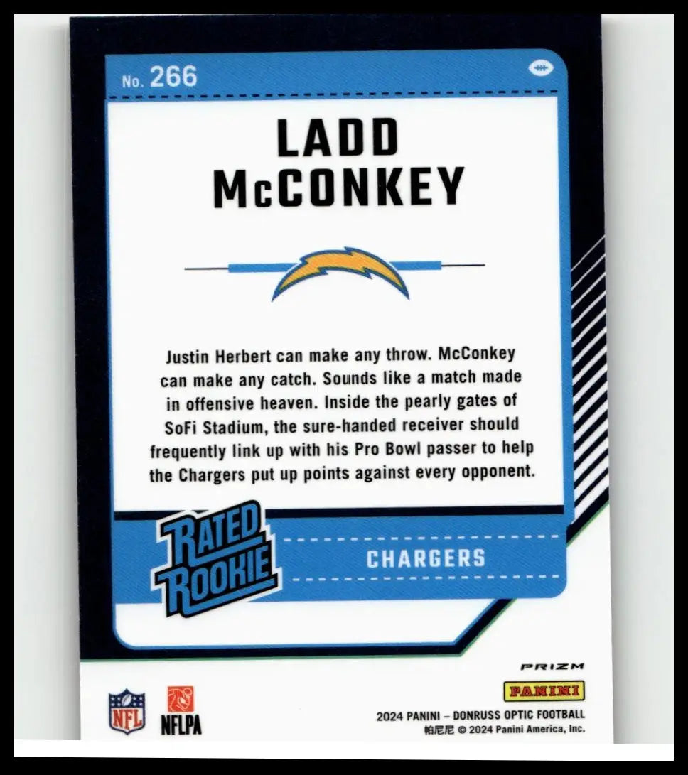 Blue and white 2024 donruss optic #266 ladd mcconkey red hyper nfl trading card featuring chargers rookie receiver
