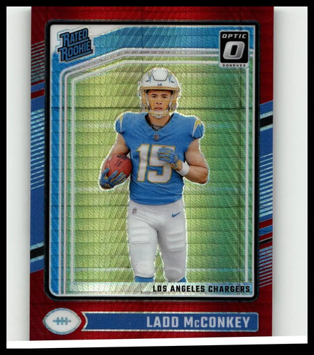 Blue and white los angeles chargers football card featuring ladd mcconkey in number 15 jersey 2024 donruss optic red hyper