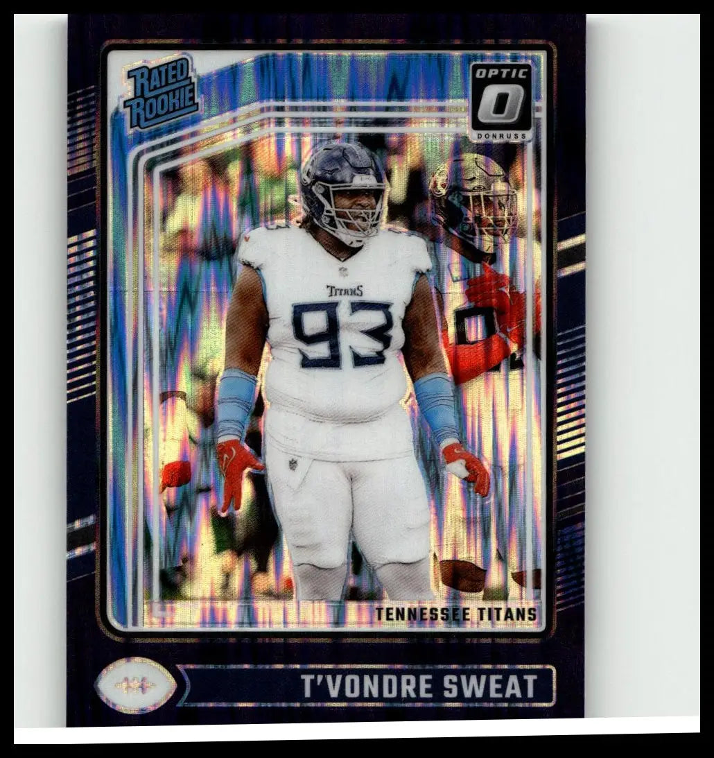 2024 Donruss Optic T’Vondre Sweat rookie football card with holographic blue and silver optic 0 sweat purple shock finish