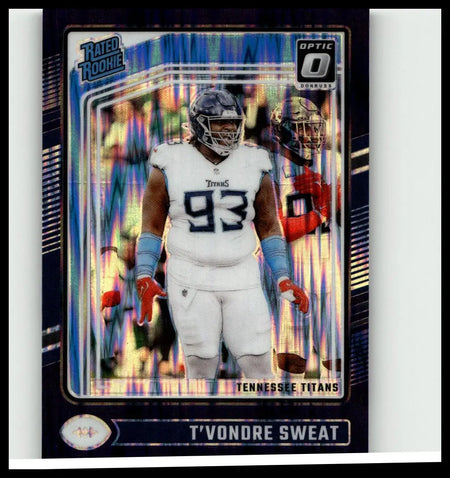 2024 Donruss Optic T’Vondre Sweat rookie football card with holographic blue and silver optic 0 sweat purple shock finish