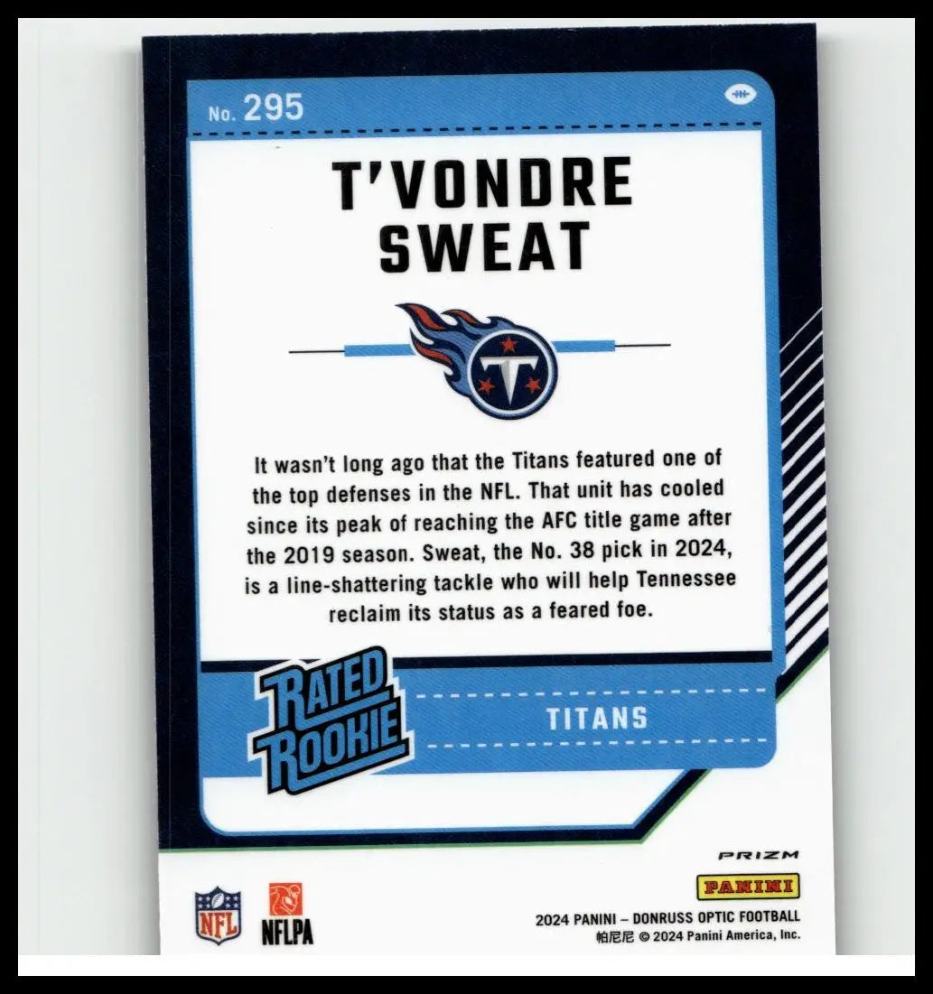 Blue and white donruss optic football trading card featuring t’vondre sweat rated rookie sweat purple shock edition