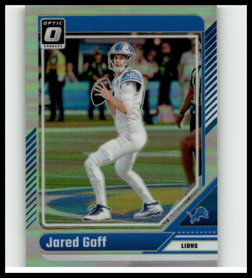 A blue and white 2024 donruss optic jared goff holo football trading card featuring the detroit lions quarterback