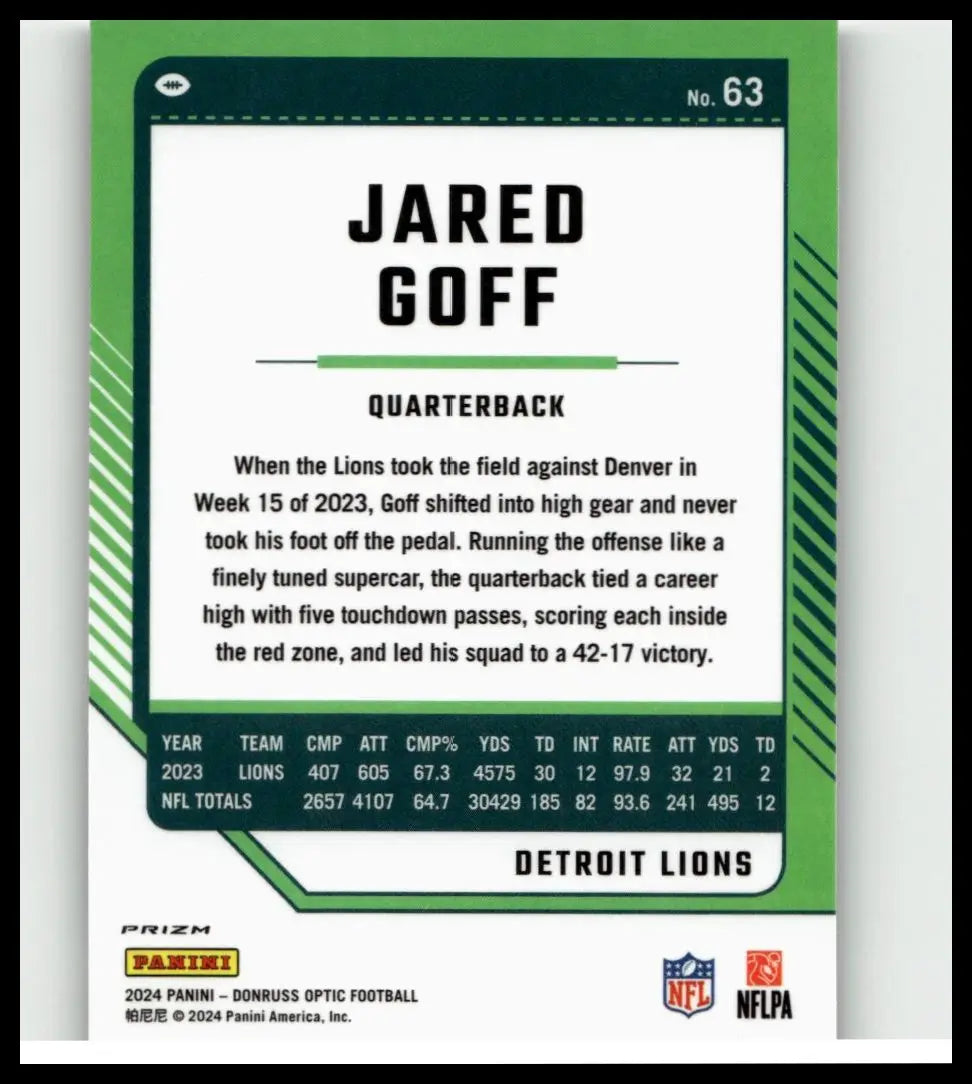 Green and white 2024 donruss optic #63 jared goff holo football trading card featuring detroit lions quarterback