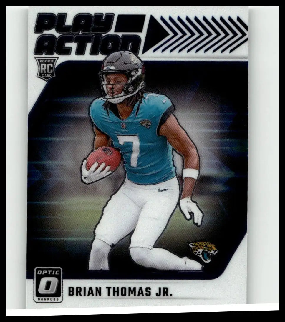 Silver and black play action rookie card featuring brian thomas jr from 2024 donruss optic #7 collection