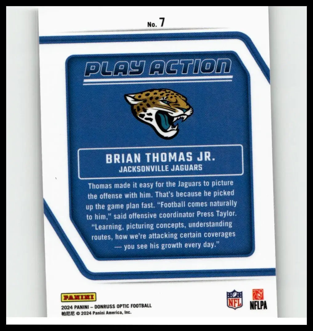 Blue and white 2024 Donruss Optic play action football trading card featuring Brian Thomas and the jaguars logo