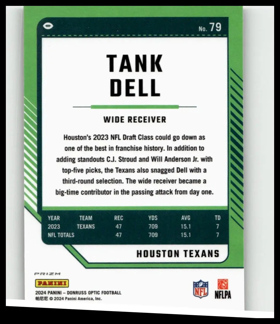 Green and white 2024 donruss optic #79 tank dell holo football trading card featuring houston texans wide receiver tank dell