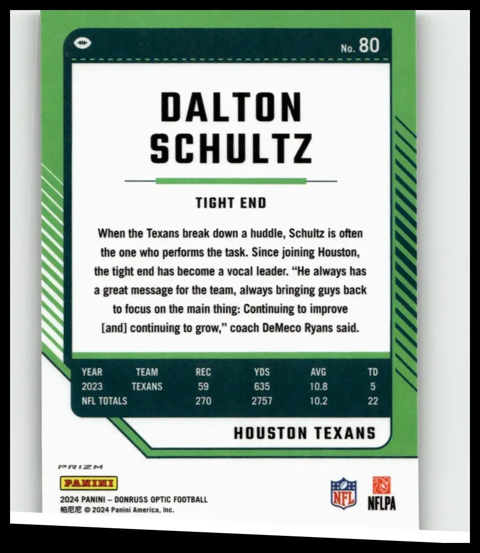 Green and white football trading card featuring dalton schultz holo from 2024 donruss optic series number 80