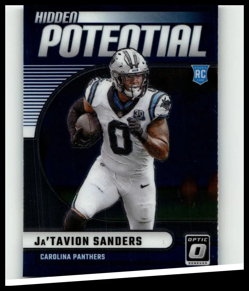 A donruss optic ja’tavion sanders hidden potential football card showing a panthers player in white black and blue uniform
