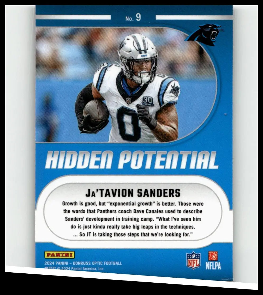Blue and white donruss optic football trading card featuring ja’tavion sanders in carolina panthers uniform hidden potential
