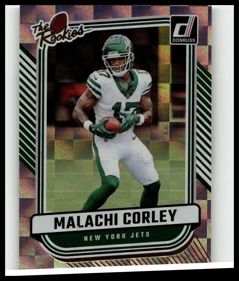 Green and white new york jets rookie football card featuring malachi corley in uniform from 2024 donruss toys and games
