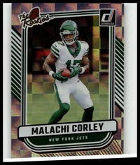 Green and white new york jets rookie football card featuring malachi corley in uniform from 2024 donruss toys and games