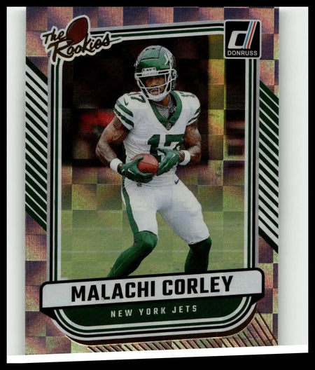 Green and white new york jets rookie football card featuring malachi corley in uniform from 2024 donruss toys and games