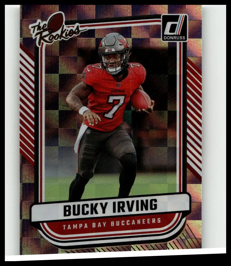 Red and black tampa bay buccaneers rookie football card featuring bucky irving in number 7 jersey from 2024 donruss the rookies for toys and games
