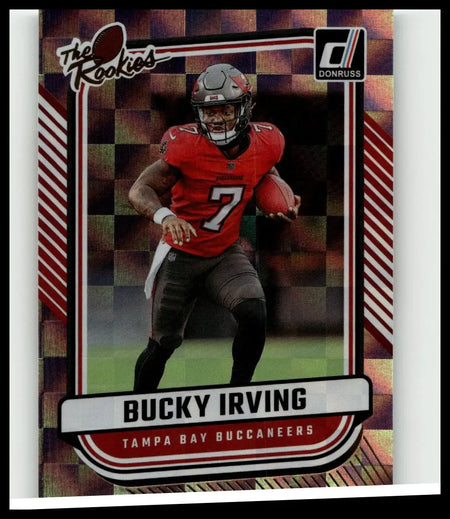 Red and black tampa bay buccaneers rookie football card featuring bucky irving in number 7 jersey from 2024 donruss the rookies for toys and games