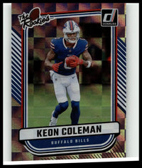 Blue and white buffalo bills football trading card featuring keon coleman in action from 2024 donruss toys and games