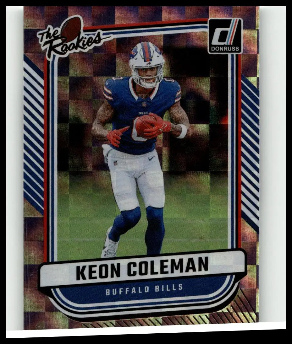 Blue and white buffalo bills football trading card featuring keon coleman in action from 2024 donruss toys and games