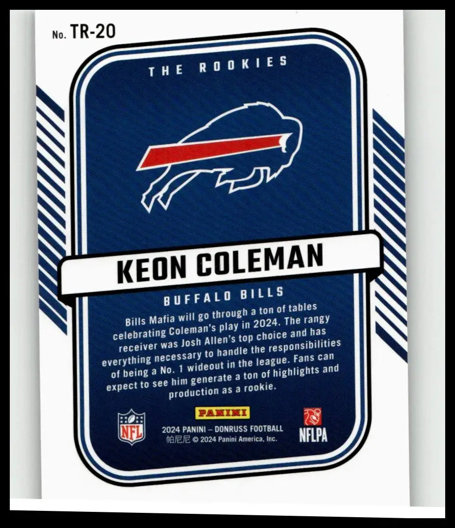 Blue and white 2024 Donruss keon coleman rookie football trading card from the rookies series for toys and games collection