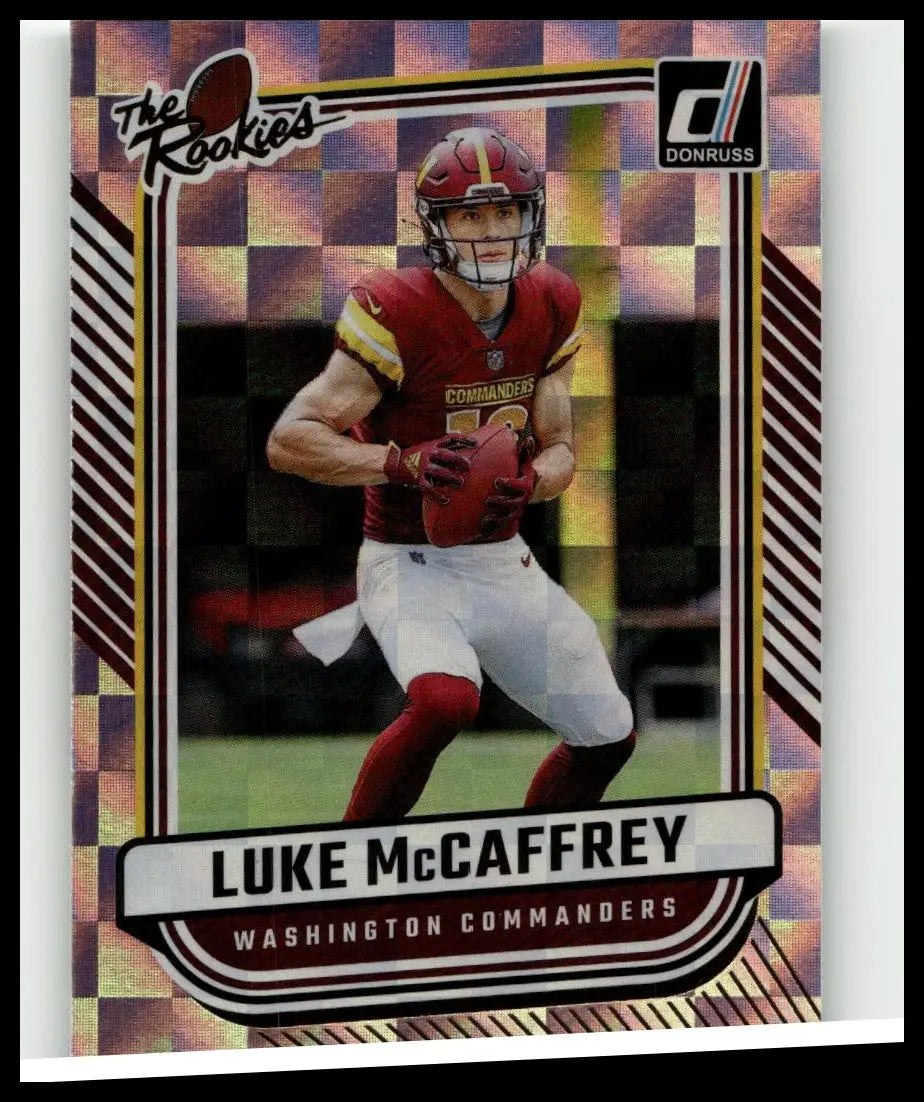 A maroon and gold 2024 Donruss Luke McCaffrey action football card in red jersey for toys and games collection
