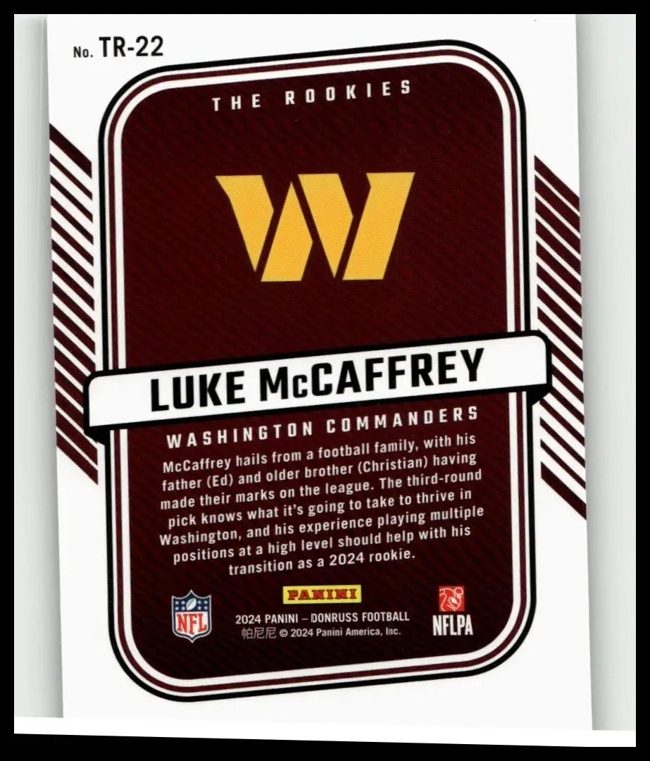 Maroon and gold 2024 Donruss the rookies nfl trading card featuring luke mccaffrey of the Washington Commanders