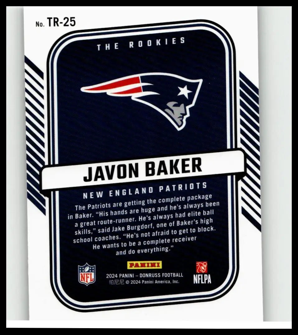 Dark blue rectangular trading card featuring javon baker and the new england patriots logo from 2024 donruss toys & games