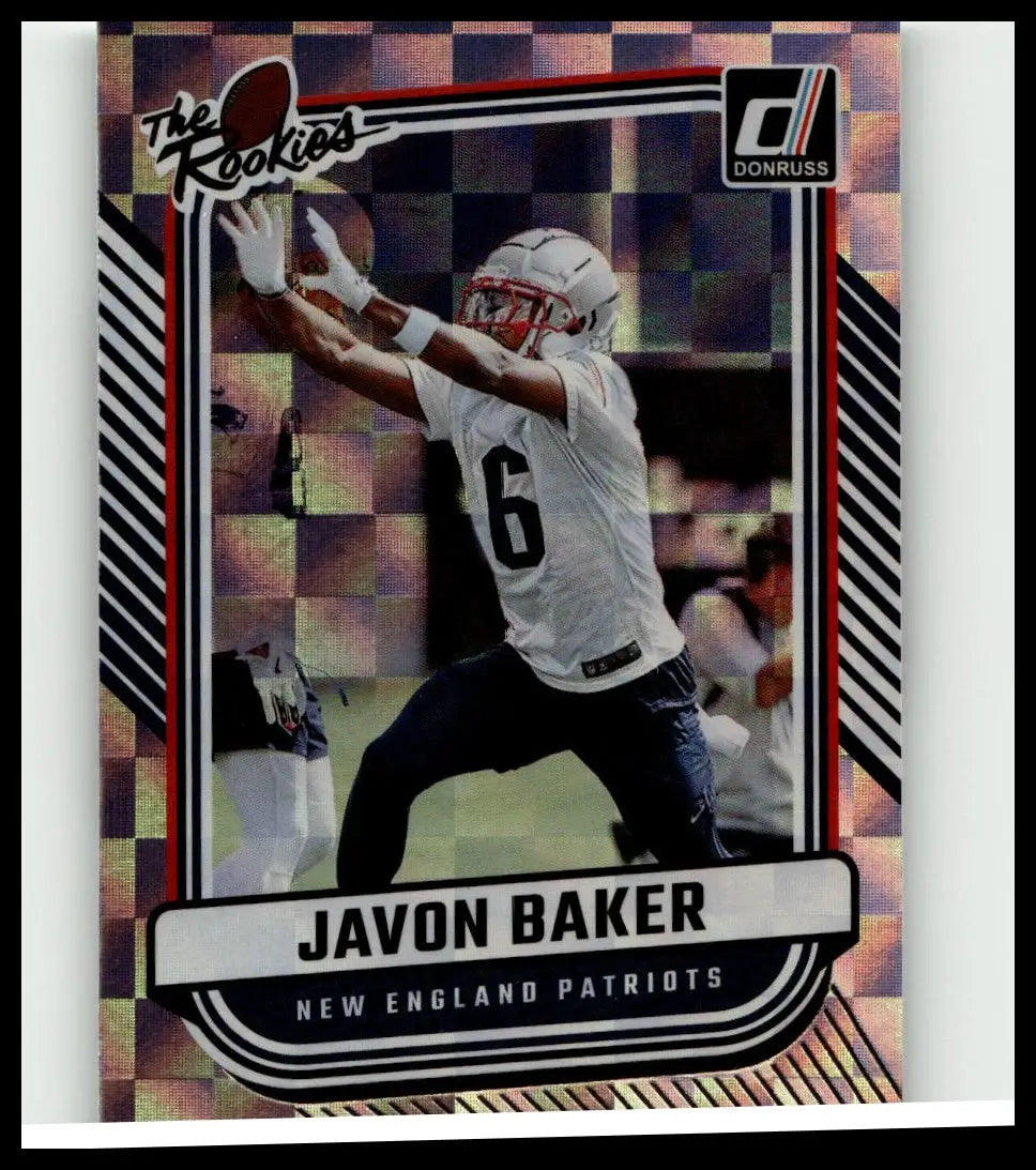 This 2024 donruss javon baker the rookies football trading card features an action shot in patriots white jersey red helmet