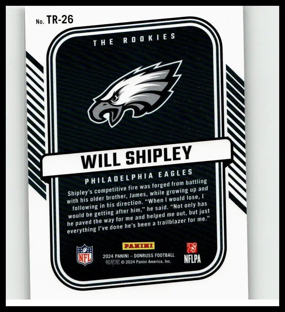 Black and white philadelphia eagles rookie football trading card featuring will shipley from 2024 donruss toys and games collection