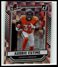 Orange and white denver broncos football card featuring audric estime in number 37 uniform from 2024 donruss toys and games