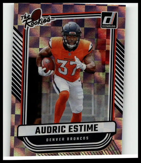 Orange and white denver broncos football card featuring audric estime in number 37 uniform from 2024 donruss toys and games