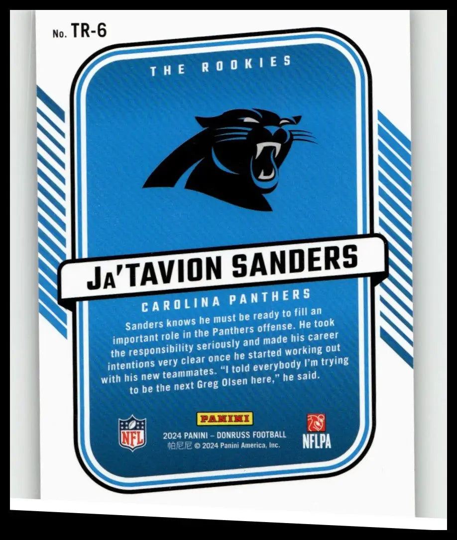 Blue and white 2024 Donruss nfl trading card featuring Ja’Tavion Sanders and Carolina Panthers black panther logo for toys and games