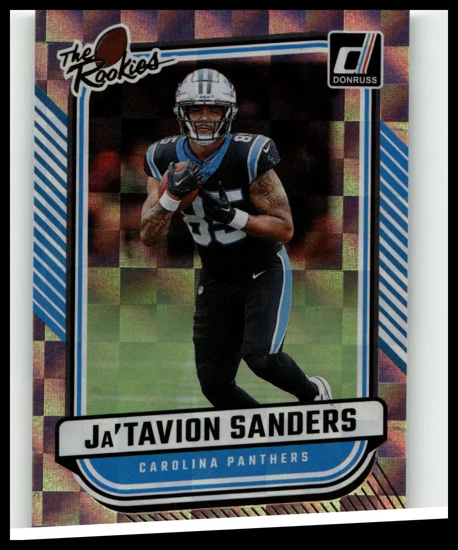 A glossy holographic bordered 2024 donruss trading card featuring ja’tavion sanders in carolina panthers uniform for toys and games