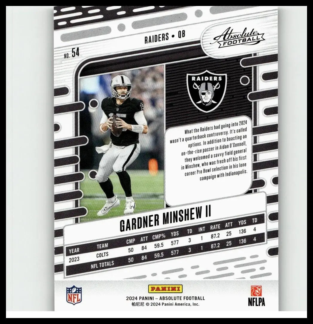 Black and silver 2024 panini absolute football trading card featuring quarterback gardner minshew ii in raiders uniform