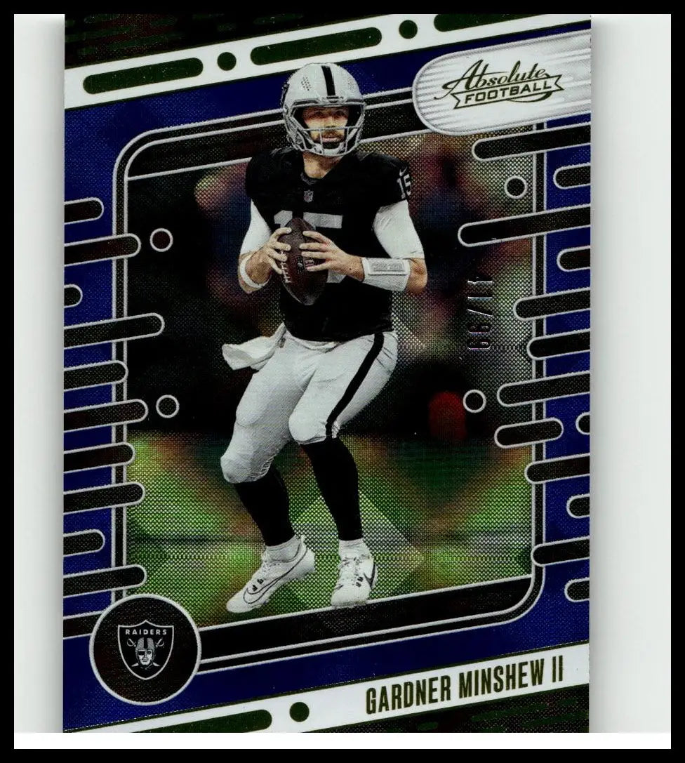 Blue and black panini absolute football trading card featuring raiders quarterback gardner minshew in action pose