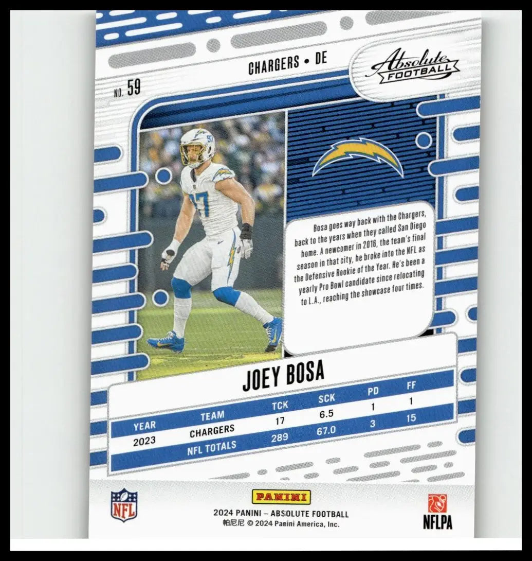Blue and white 2024 panini absolute football trading card featuring joey bosa orange mosaic numbered 299