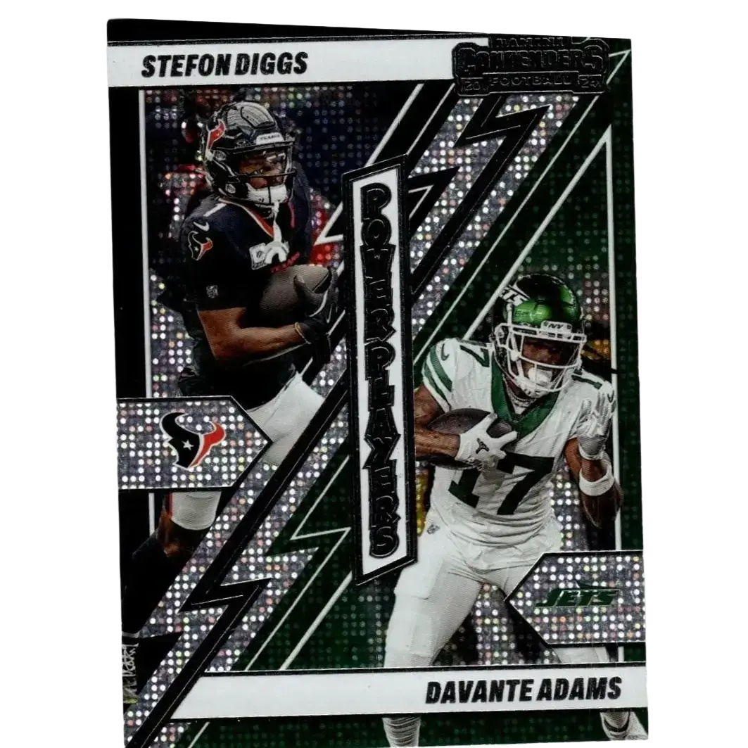 Green and silver 2024 panini contenders power players football trading card featuring davante adams and stefon diggs power