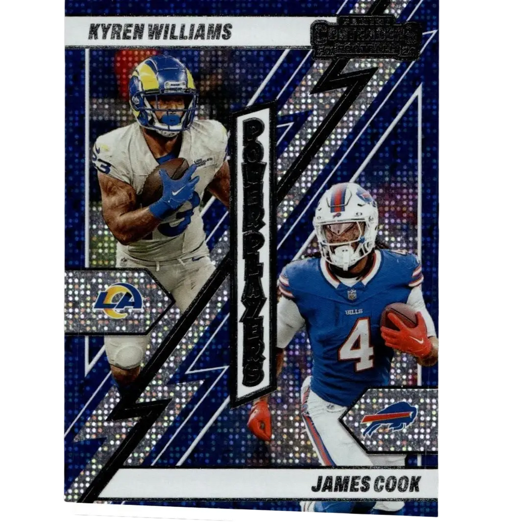 Blue and silver holographic panini contenders silver football card featuring james cook and kyren williams power players