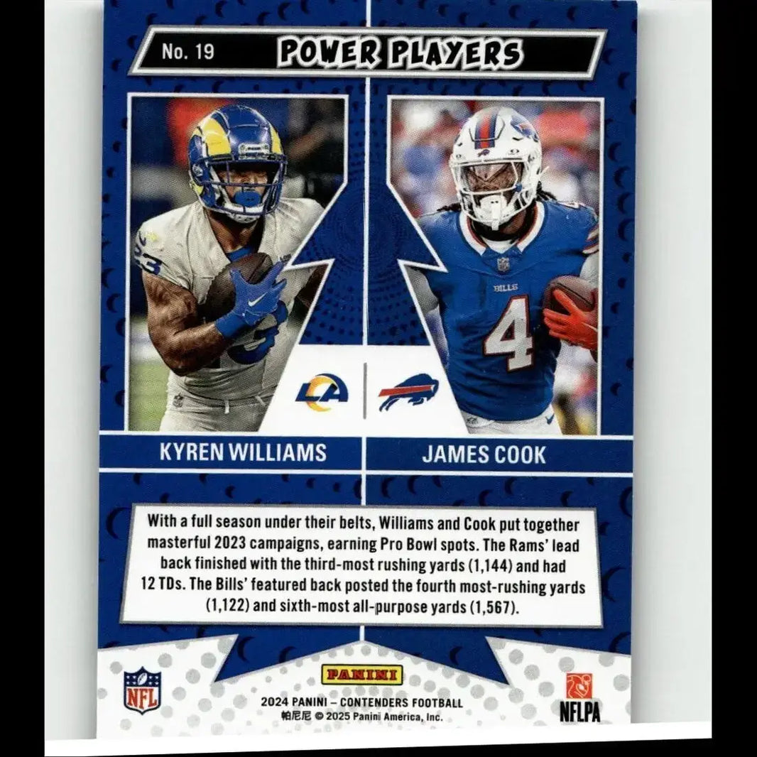 Blue and white nfl football trading card 2024 panini contenders silver featuring james cook and kyren williams power players