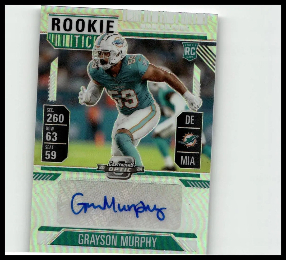 A shimmering green and white 2024 panini contenders rookie football trading card of grayson murphy in a miami dolphins uniform with signature