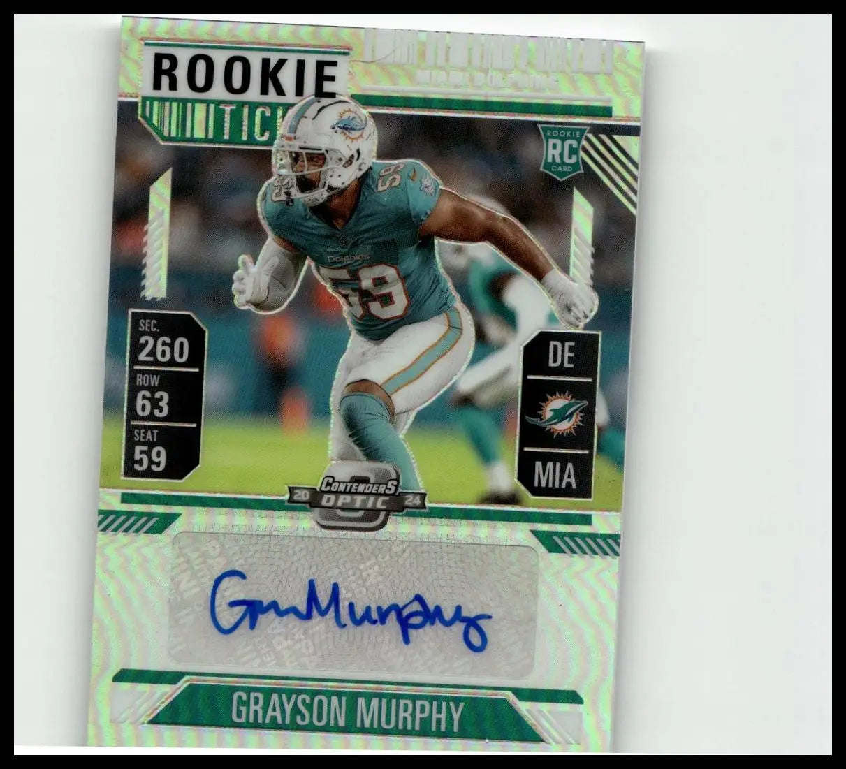 A shimmering green and white 2024 panini contenders rookie football trading card of grayson murphy in a miami dolphins uniform with signature