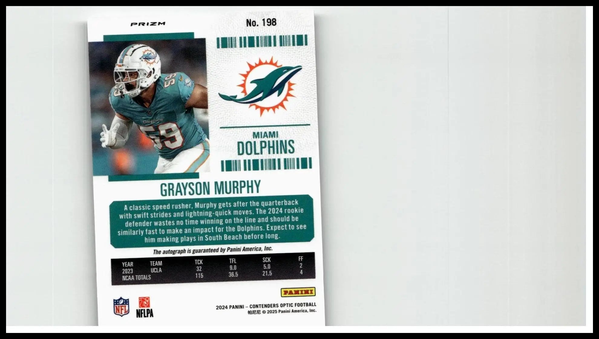 Miami dolphins football trading card 2024 panini contenders #258 featuring grayson murphy in teal and white uniform