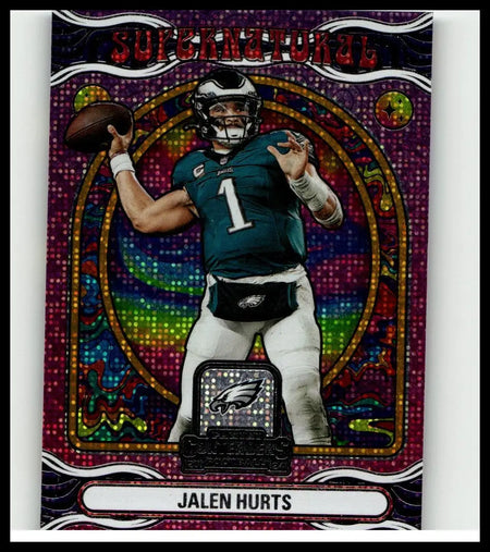 A vibrant purple and gold holographic 2024 Panini Contenders jalen hurts supernatural football trading card
