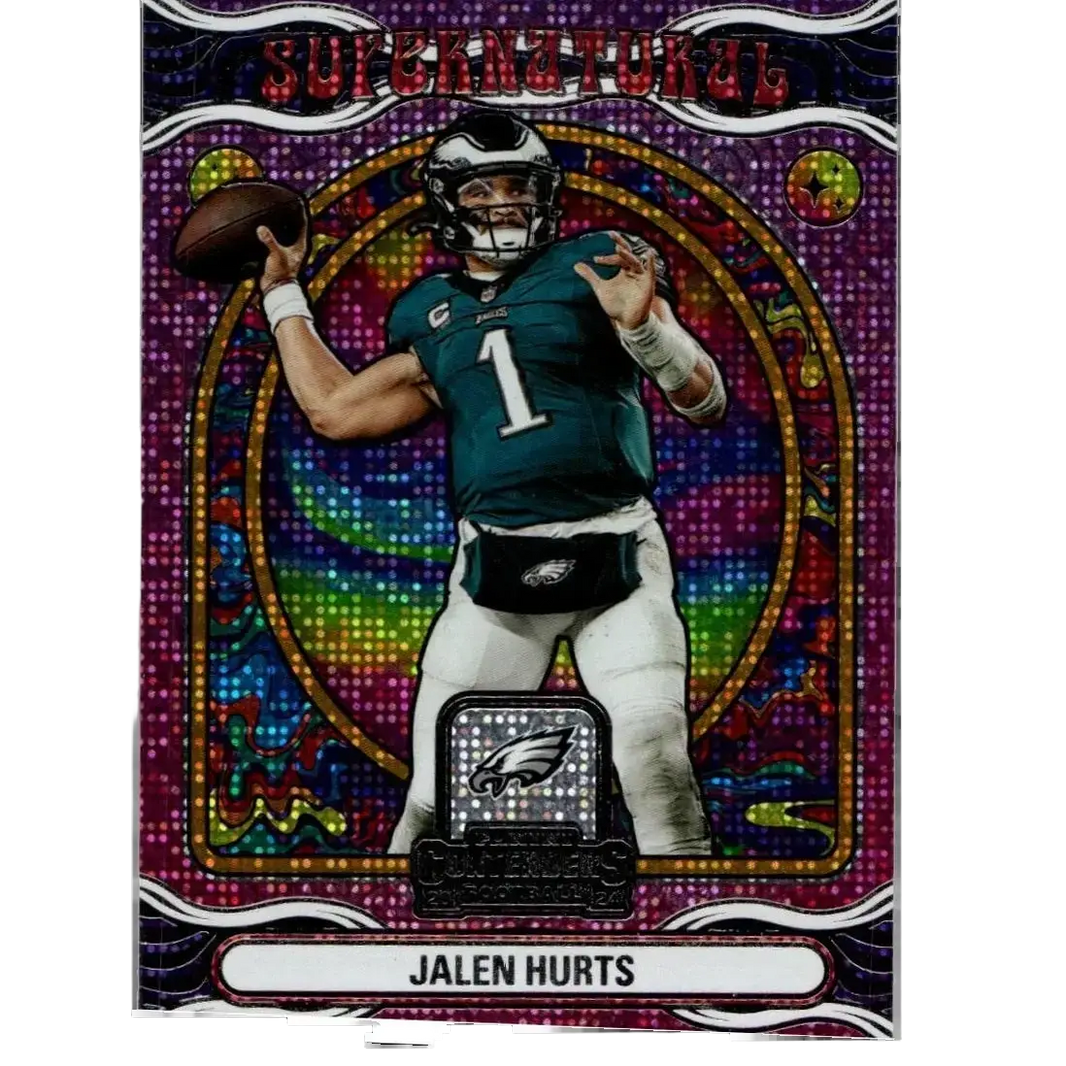 A vibrant iridescent purple and rainbow panini contenders 2024 jalen hurts supernatural trading card in eagles jersey