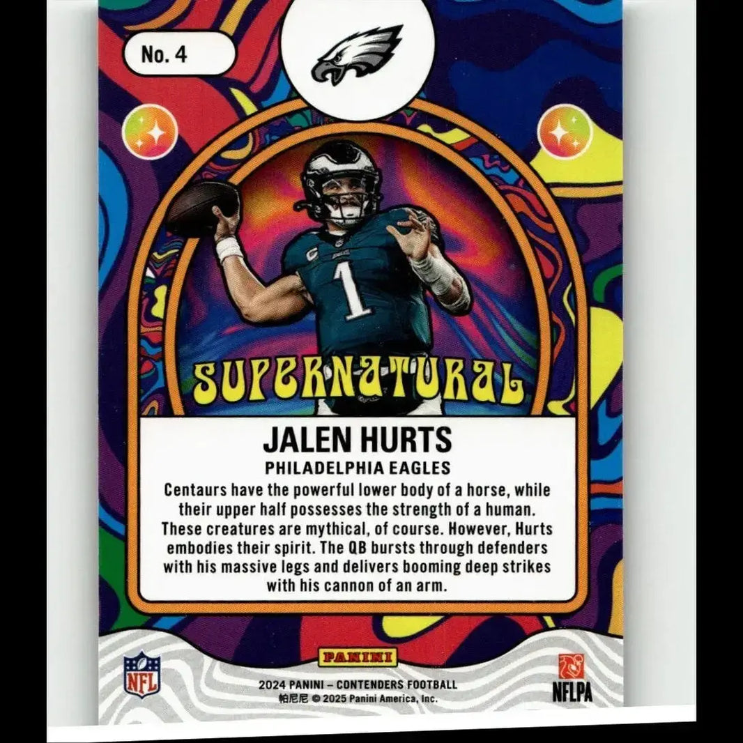 A vibrant psychedelic panini contenders football trading card featuring jalen hurts in a teal eagles jersey number 1