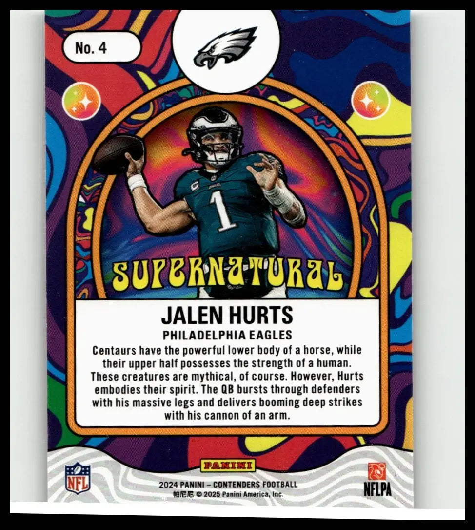 A vibrant psychedelic 2024 Panini Contenders #4 Jalen Hurts supernatural football card in dark green Eagles jersey