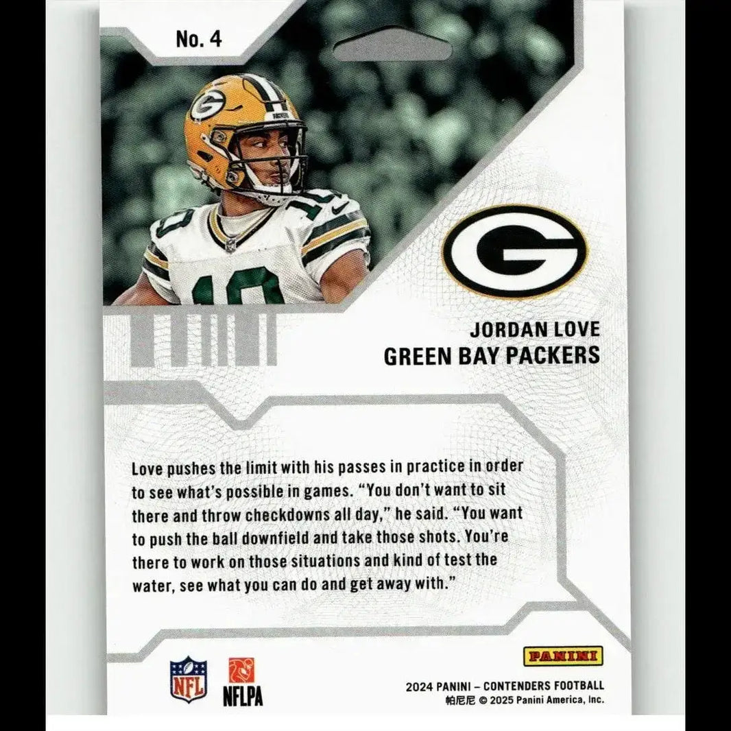 Green bay packers jordan love depicted on white and silver 2024 panini contenders love hall pass football card
